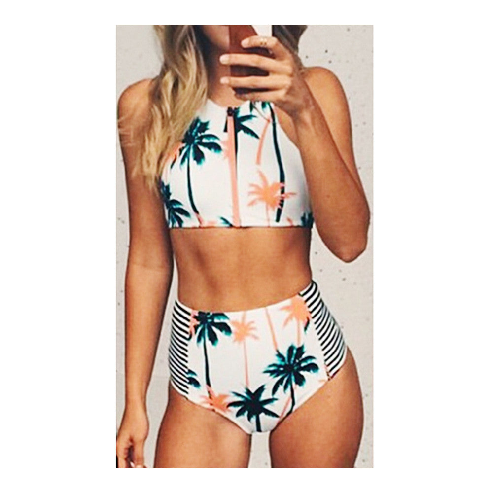 Palm Tree Microgroove Printing Zipper High Waist Swimwear  high waist pants  S - Mega Save Wholesale & Retail
