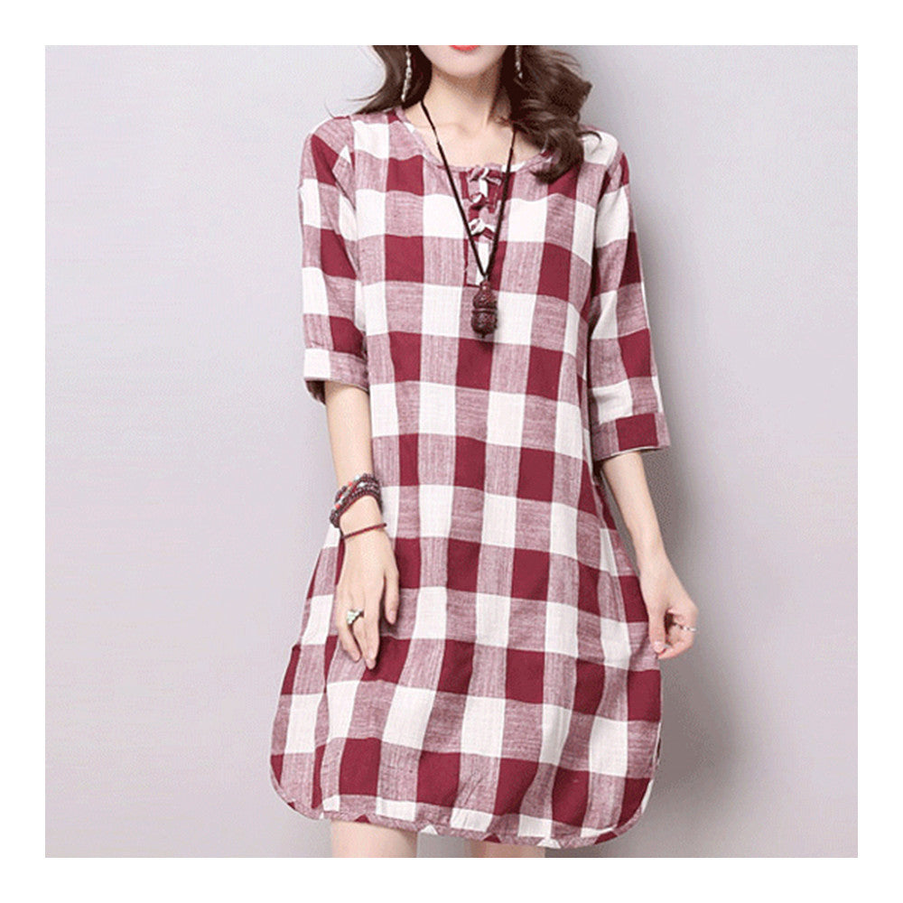 Plus Size Checks Plate Button Cotton&Flax Dress   red white   M - Mega Save Wholesale & Retail - 1