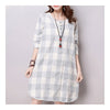 Plus Size Checks Plate Button Cotton&Flax Dress   grey white   M - Mega Save Wholesale & Retail - 1