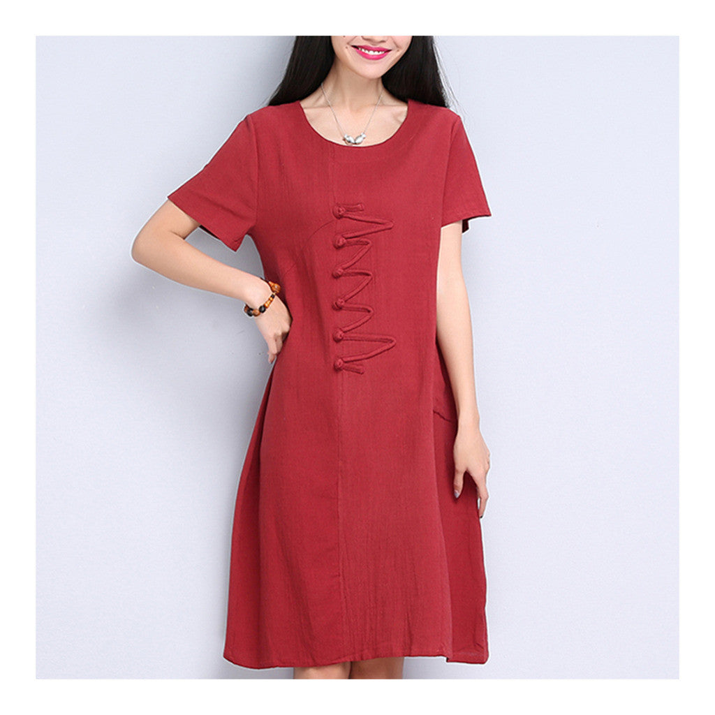 Plate Button Plus Size Loose Cotton&Flax Dress   wine red   M - Mega Save Wholesale & Retail - 1