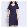 Plate Button Plus Size Loose Cotton&Flax Dress   navy   M - Mega Save Wholesale & Retail - 1