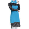 Muslim Checks Splicing Long Sleeve Short Dress   lake blue - Mega Save Wholesale & Retail - 2