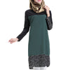 Muslim Checks Splicing Long Sleeve Short Dress   dark green - Mega Save Wholesale & Retail - 1