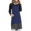 Muslim Checks Splicing Long Sleeve Short Dress   navy - Mega Save Wholesale & Retail - 1