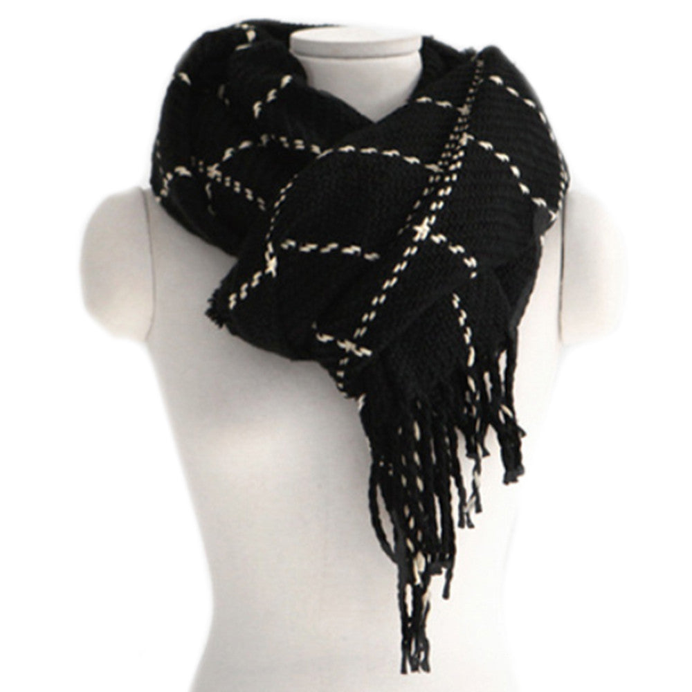 Checks Scarf Tassel Tippet Neckerchief   black - Mega Save Wholesale & Retail
