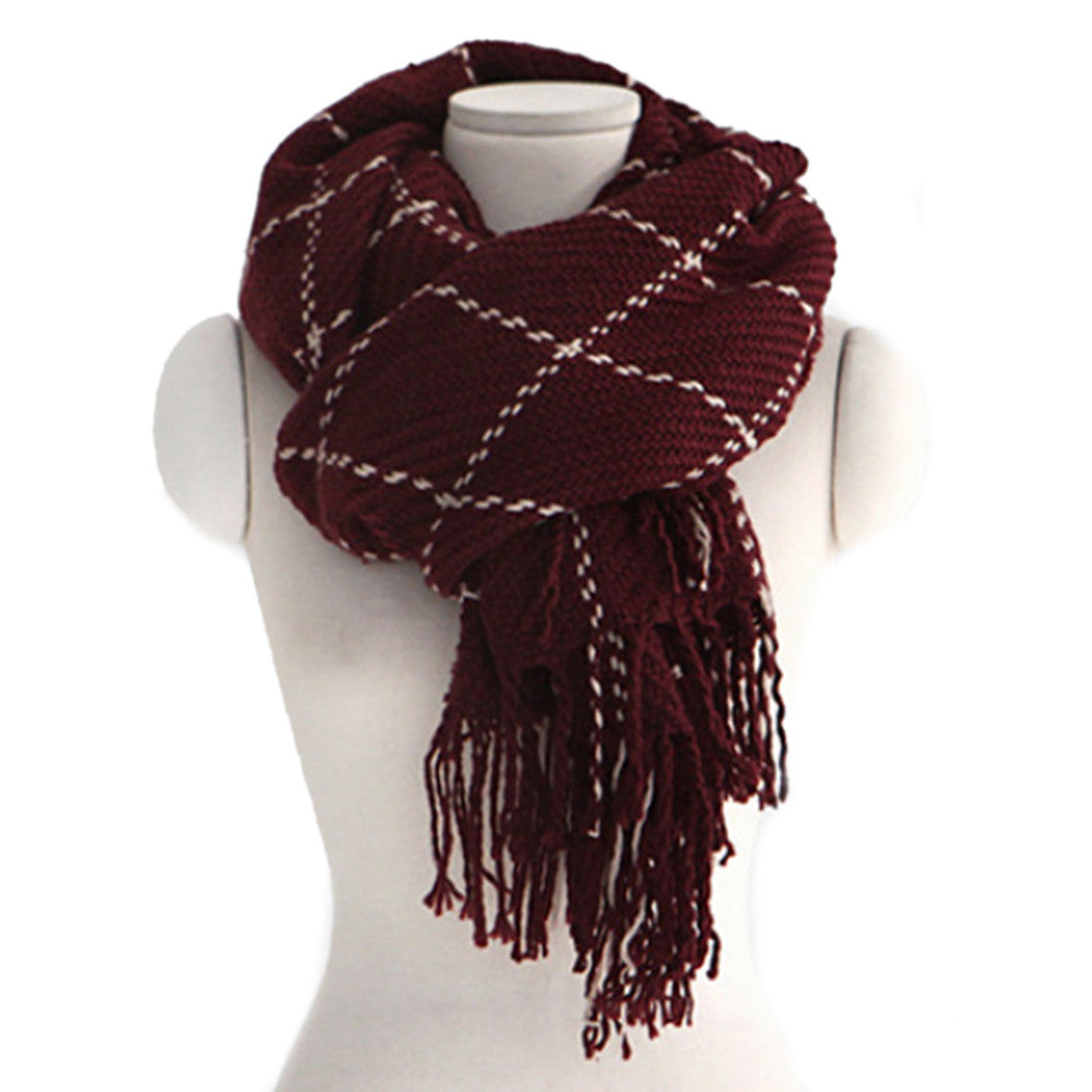 Checks Scarf Tassel Tippet Neckerchief   wine red - Mega Save Wholesale & Retail