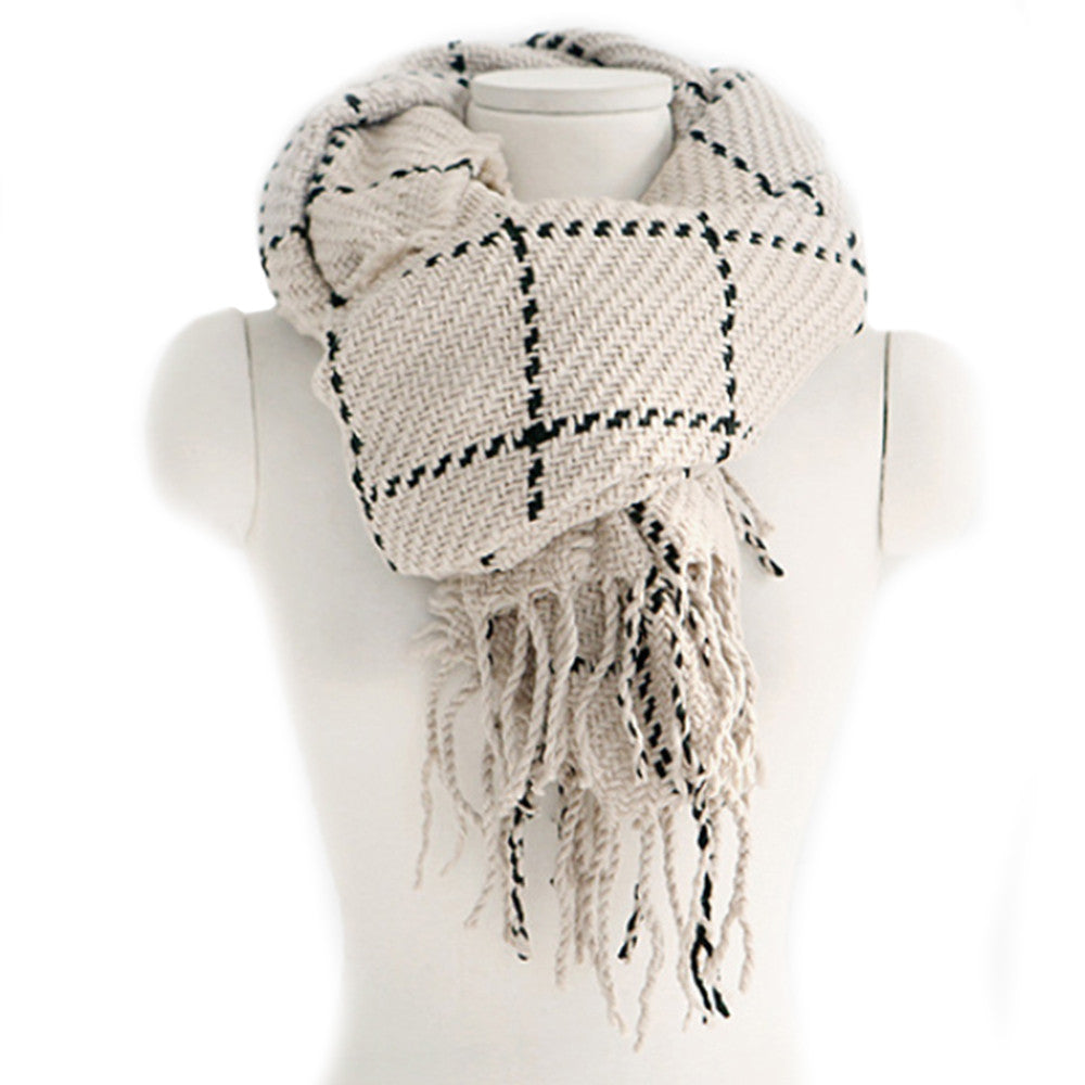 Checks Scarf Tassel Tippet Neckerchief   beige - Mega Save Wholesale & Retail