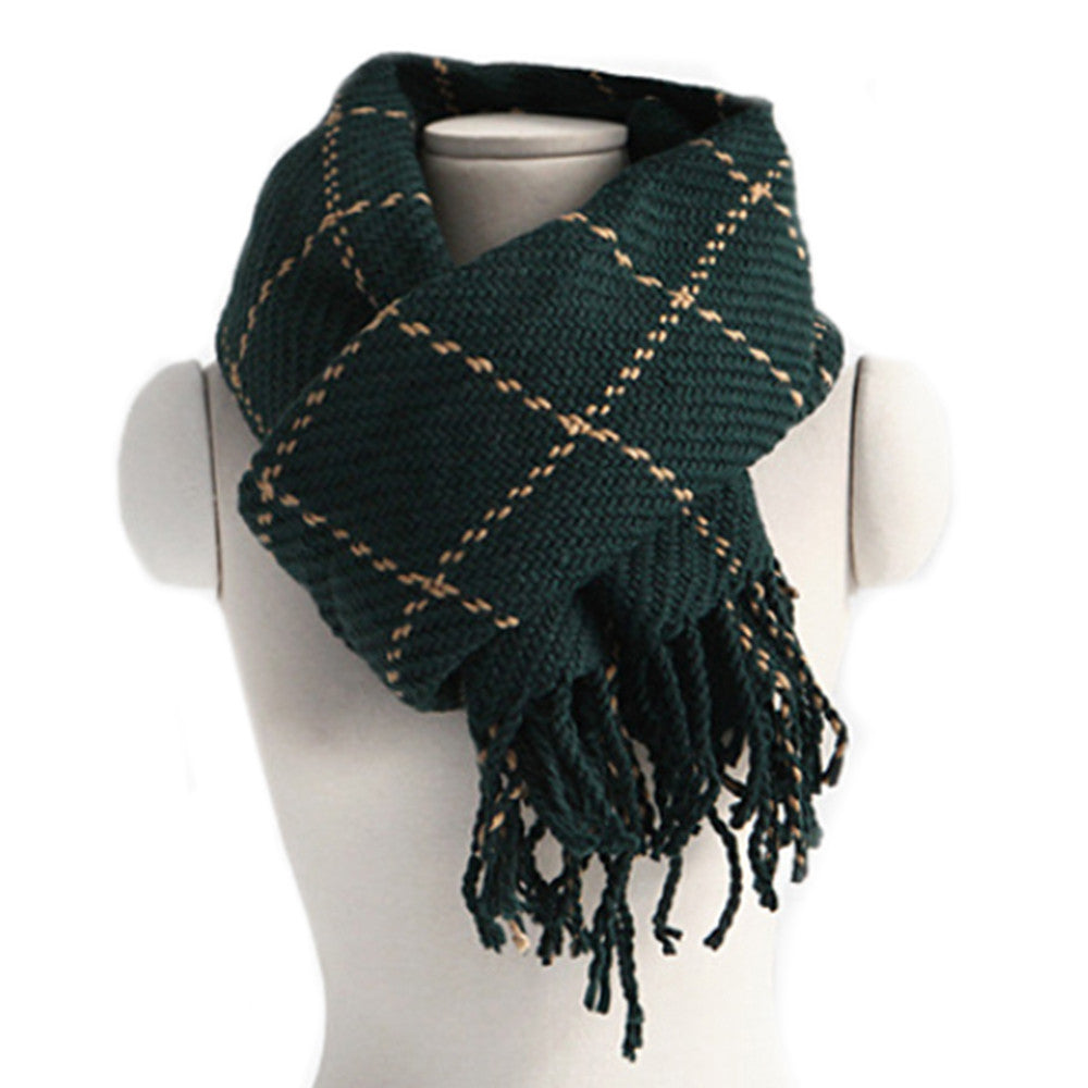 Checks Scarf Tassel Tippet Neckerchief   dark green - Mega Save Wholesale & Retail