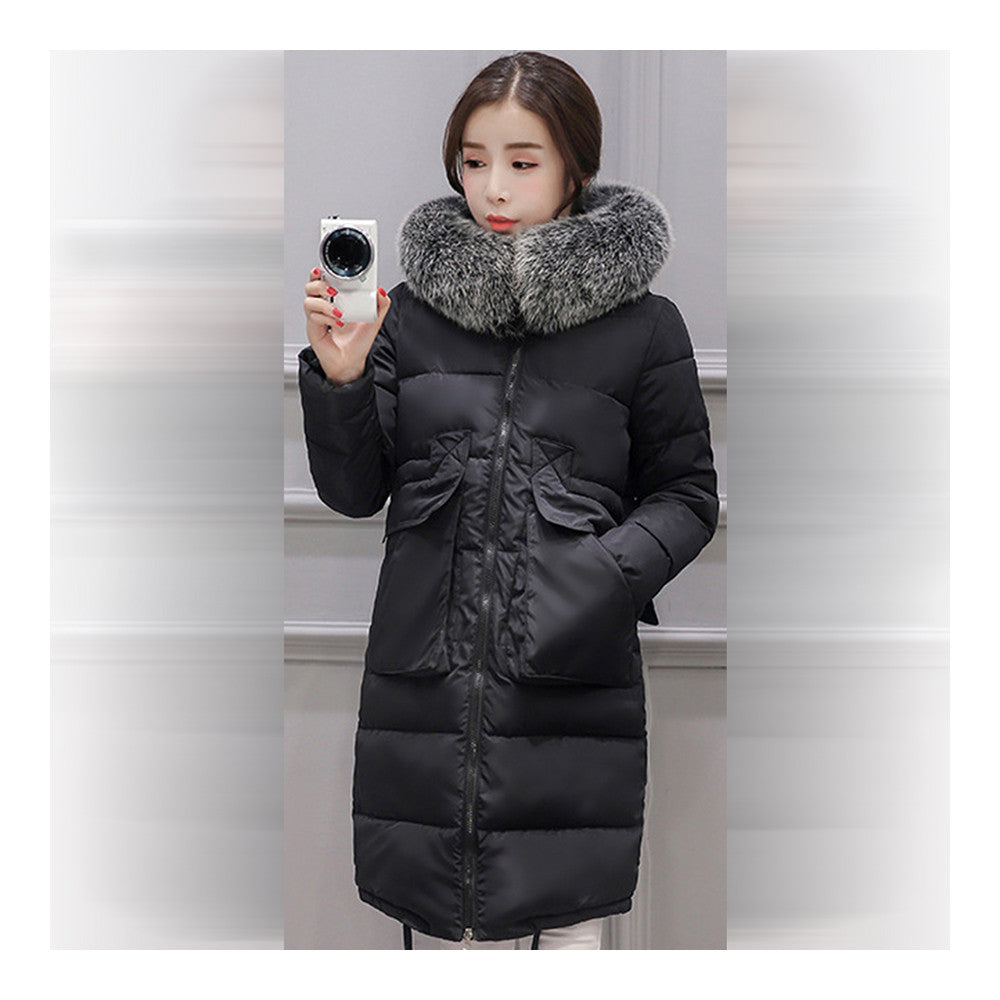 Winter Woman Down Coat Slim Middle Long Thick Fox Fur   black    M - Mega Save Wholesale & Retail - 1
