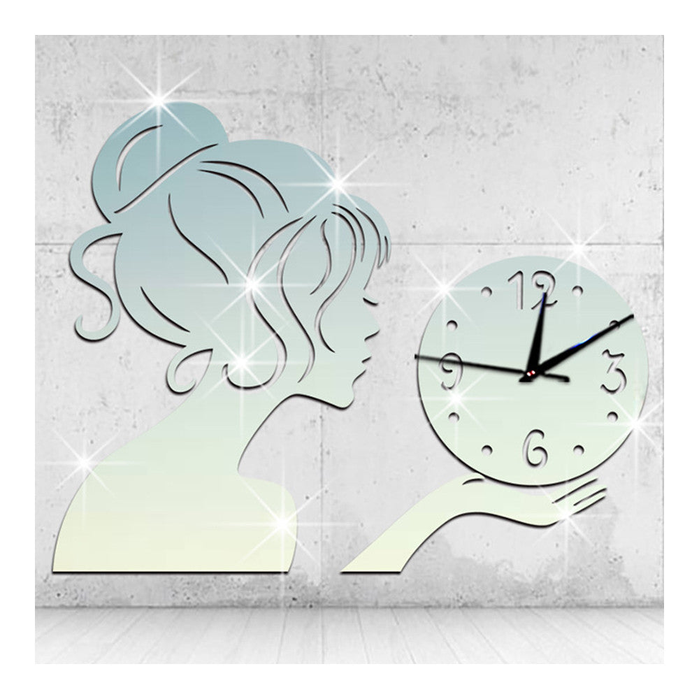Wall Clock Creative Living Room Mirror Girl Sticking   silver - Mega Save Wholesale & Retail