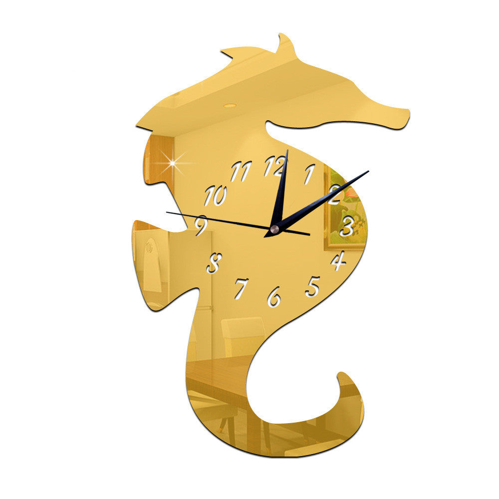Silent Wall Clock Kid Room Sea Horse Mirror   golden - Mega Save Wholesale & Retail