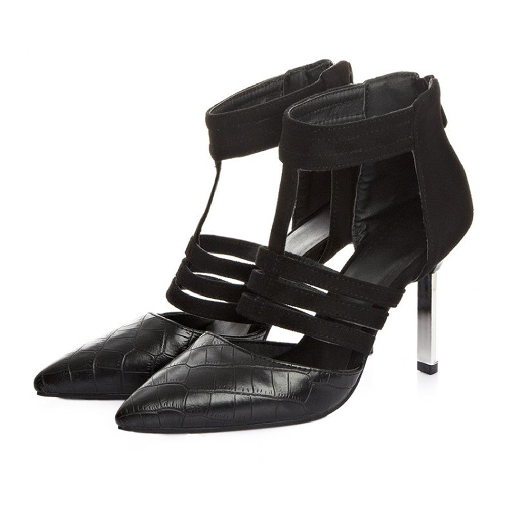 Pointed High Heel Thin Shoes Lepard Print Stone T Shape Lace-up  black