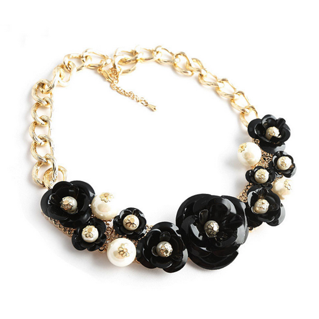 European Big Brand Exaggerated String Weaved Crystal Flower Necklace Short Clavicle Necklace Foreign Trade Ornament   black - Mega Save Wholesale & Retail - 1