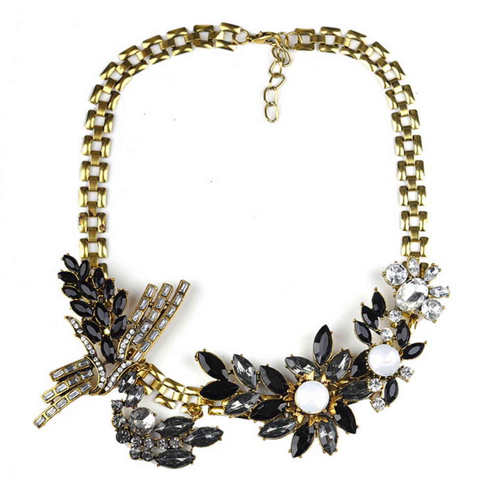 New Vintage Exaggerated European Big Brand Short Necklace Accessory Woman Jewelry Zircon Flower Necklace   black - Mega Save Wholesale & Retail