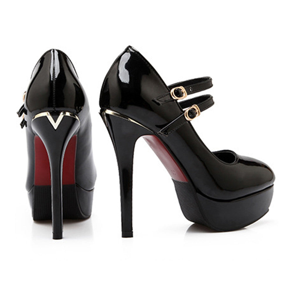 Patent Leather PU Super High Heel Round Double Buckle Plus Size Shoes  black - Mega Save Wholesale & Retail - 1