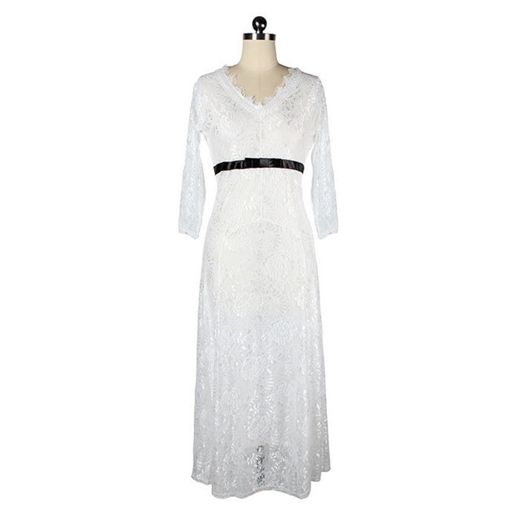 Lace Hollow Full Dress V Neck Frill Dress  white   S - Mega Save Wholesale & Retail - 1