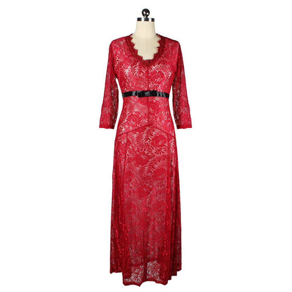Lace Hollow Full Dress V Neck Frill Dress   wine red  S - Mega Save Wholesale & Retail - 1