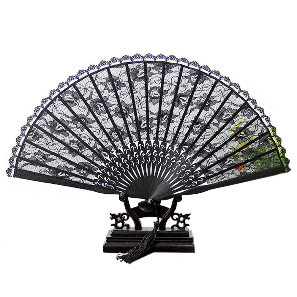 Double-layer Vintage Lace Folding Fan    black bone black surface 23*40cm - Mega Save Wholesale & Retail