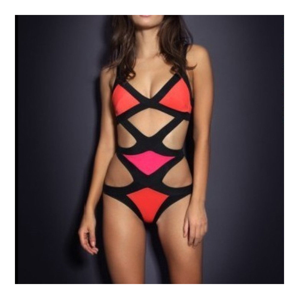 Sexy Bikini Tie Assorted Colors Siamesed Swimwear Swimsuit  black+red  S - Mega Save Wholesale & Retail