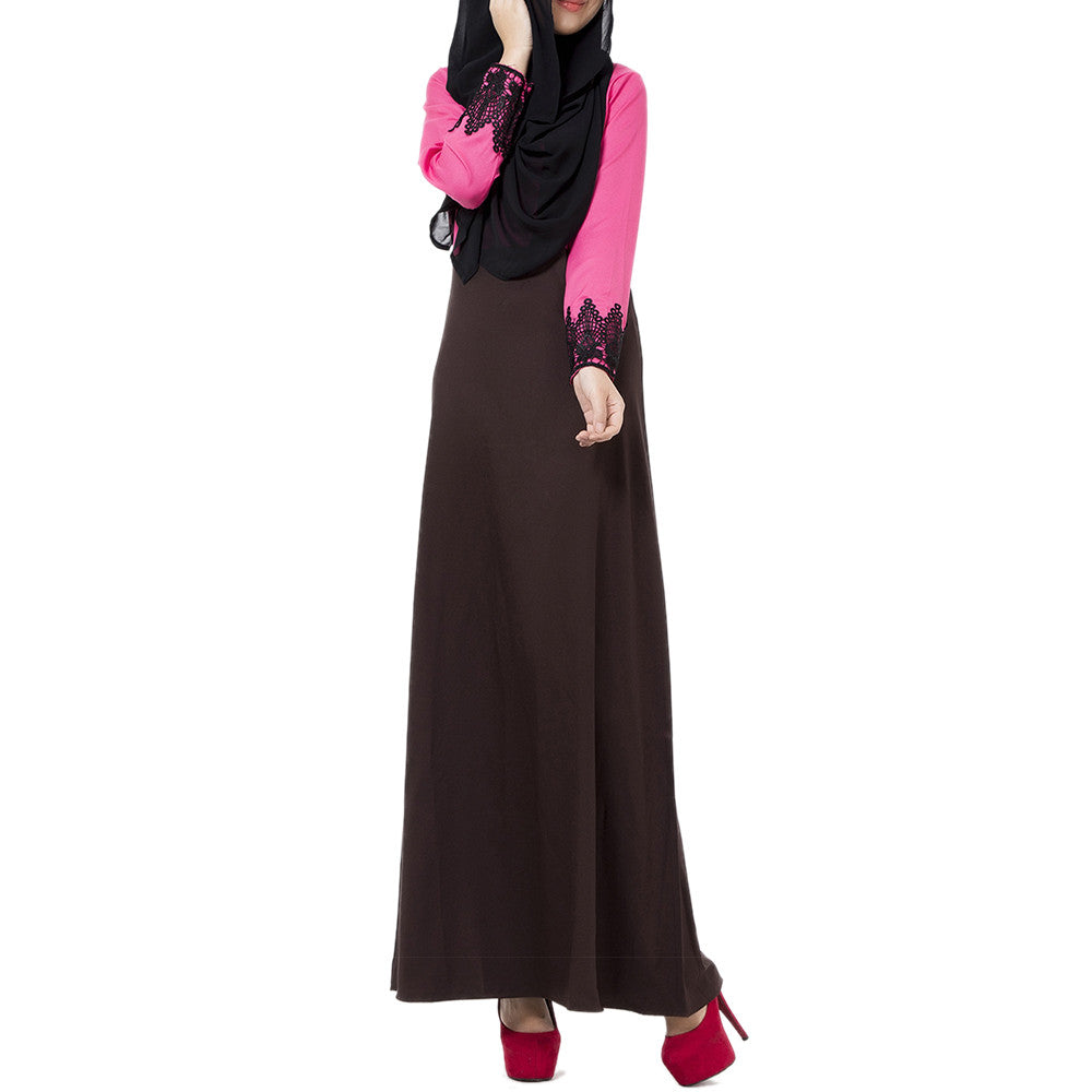 Muslim Motley Loose Long Dress Long Sleeve   rose red   M