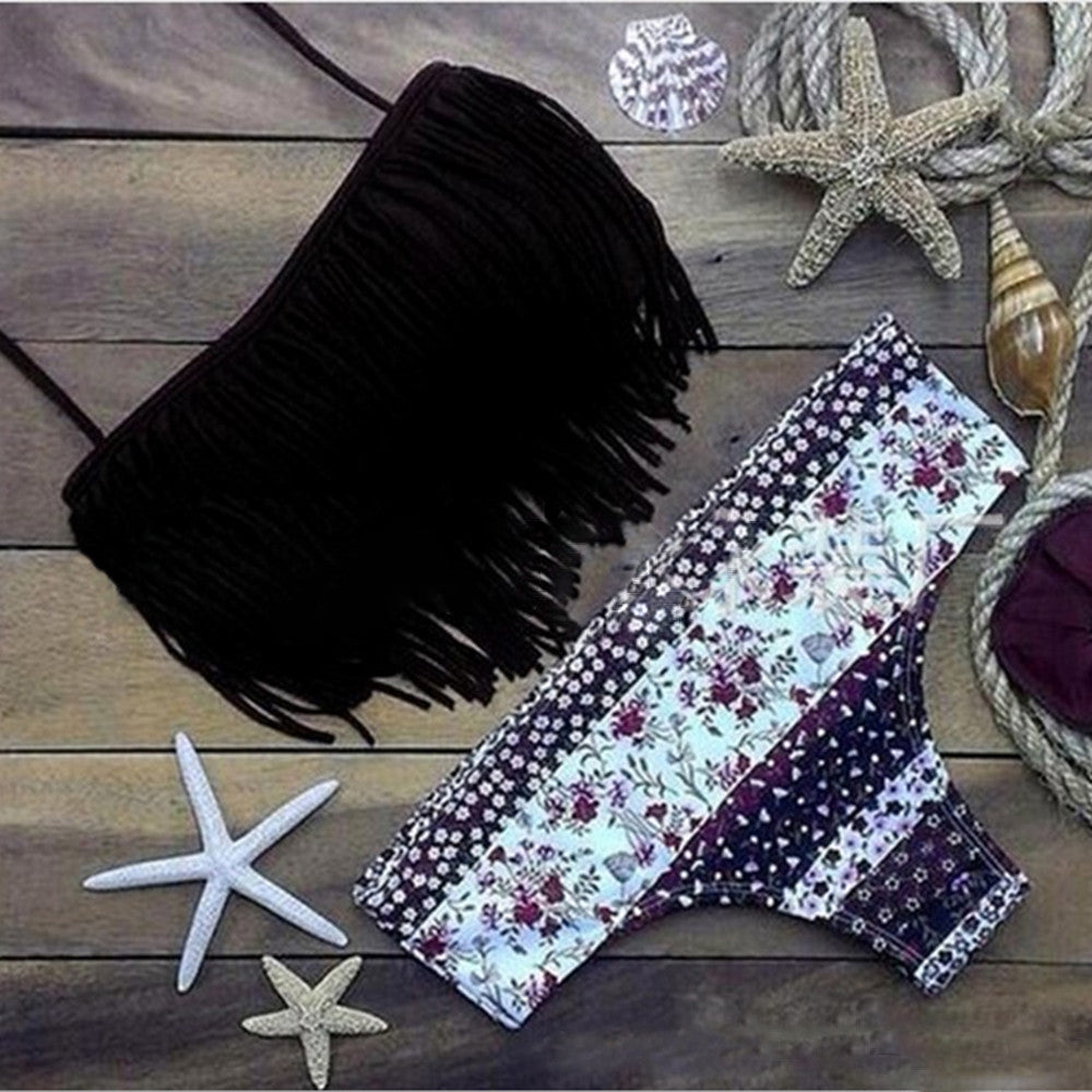 Tassel Bikini Leopard Print Swimwear Swimsuit Bathing Suit  black tassel wine red pants - Mega Save Wholesale & Retail - 1