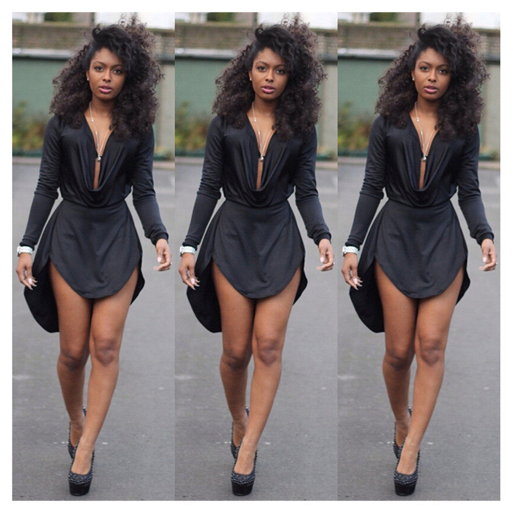 AliExpress Hot explosion models in Europe and America new sexy V-neck dress waist irregular hem dress Black - Mega Save Wholesale & Retail - 1
