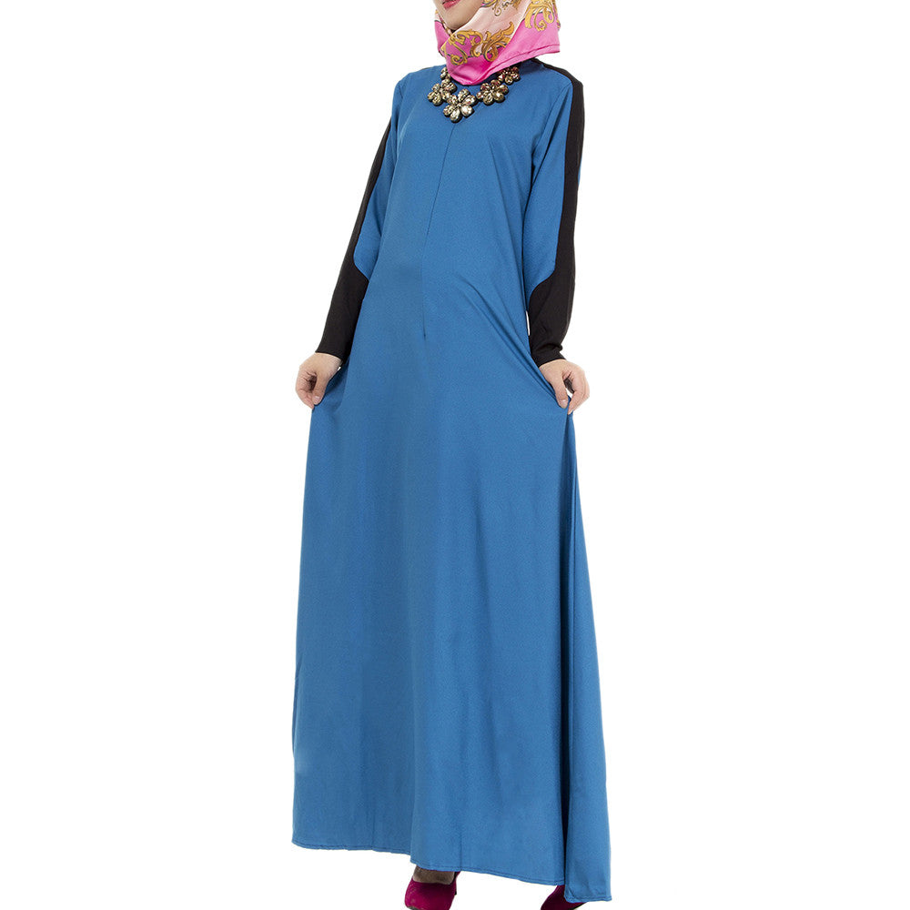 Muslim Long Dress Floor-length Splicing    blue