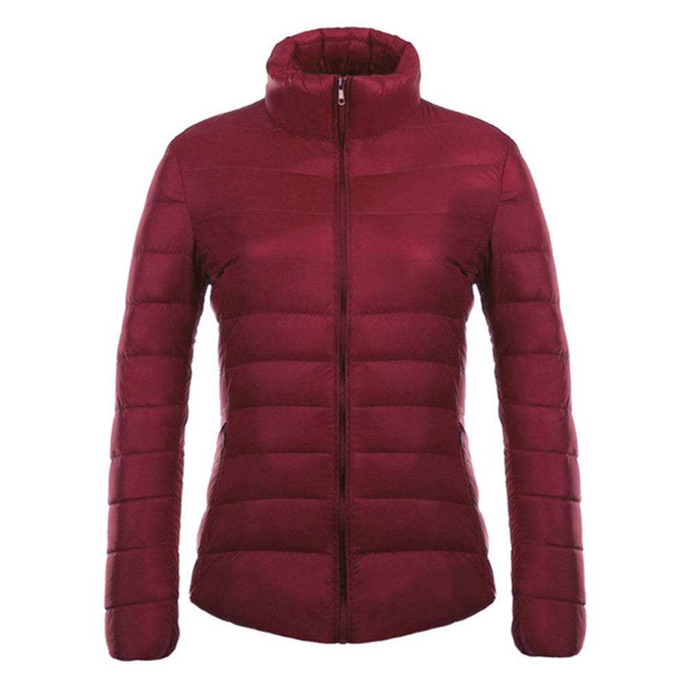 Woman Stand Collar Thin Light Down Coat Slim   wine red    S - Mega Save Wholesale & Retail - 1