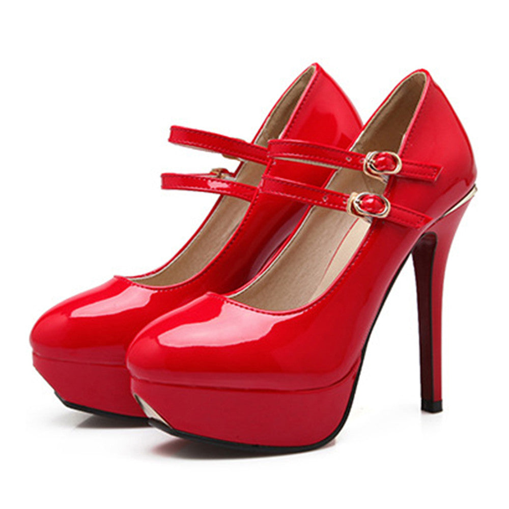 Patent Leather PU Super High Heel Round Double Buckle Plus Size Shoes  red - Mega Save Wholesale & Retail