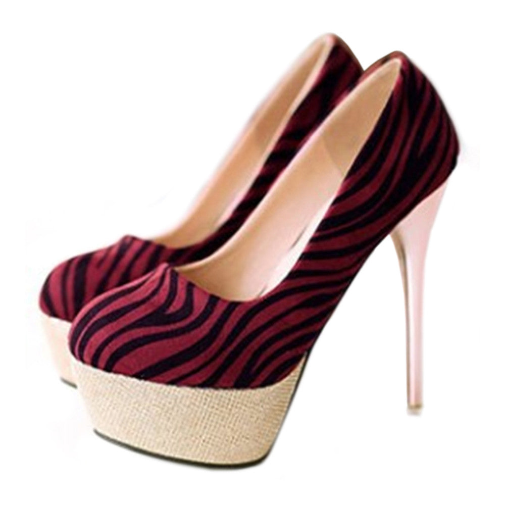 Women Thin Shoes Galvanized Heel Zebra Striation Plus Size  red