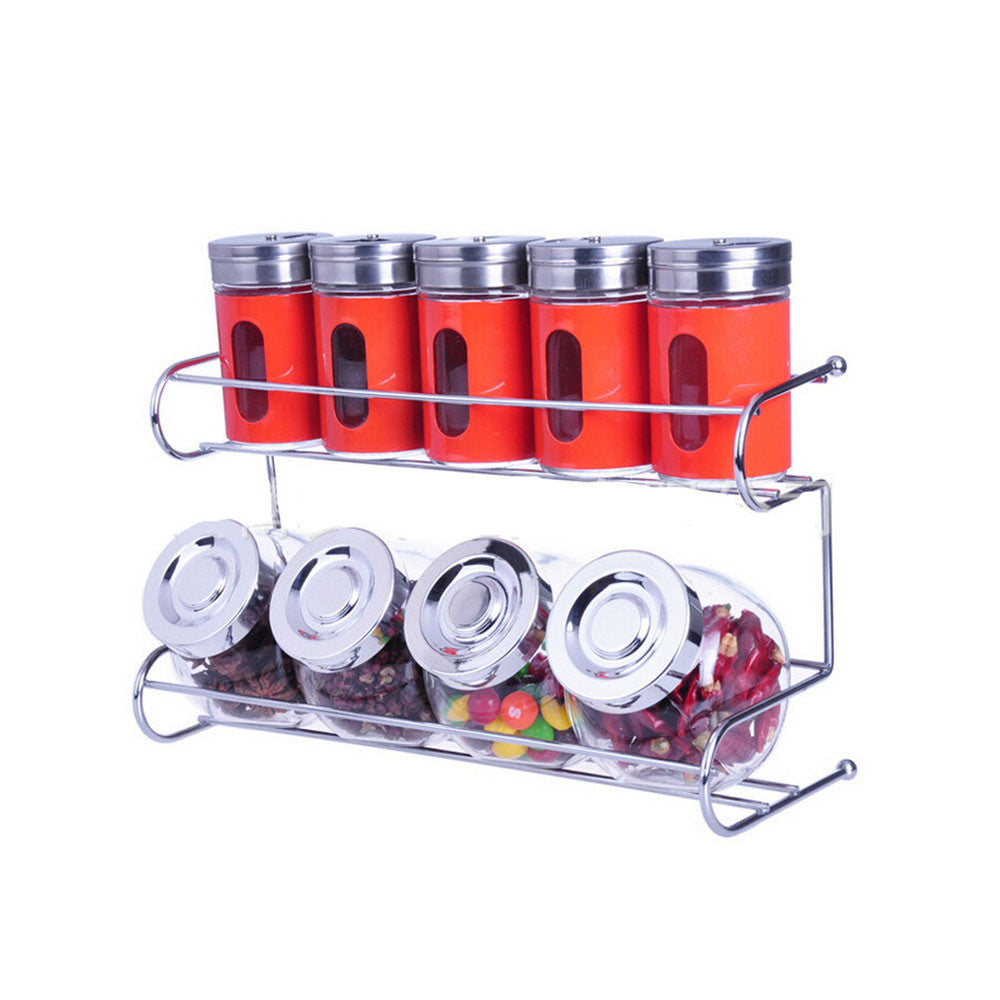 9 Canister Metal & Glass Spice Shakers Glass Jars 2 Tier Wire Rack Display    red - Mega Save Wholesale & Retail - 1