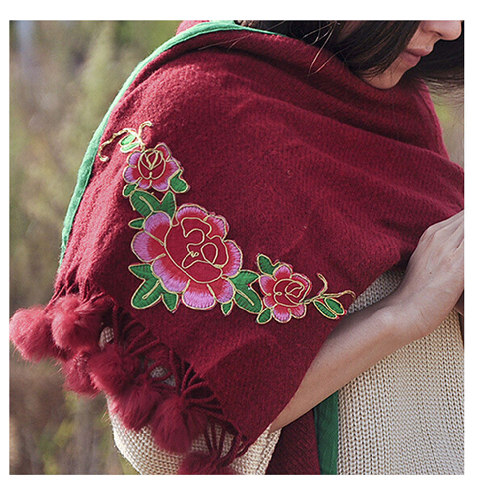 Spring Festival's Gift Literary Cashmere National Style Embroidery Scarf Cotton and Linen Autumn Winter New Embroidery Wrap Scarf   wine red - Mega Save Wholesale & Retail - 1