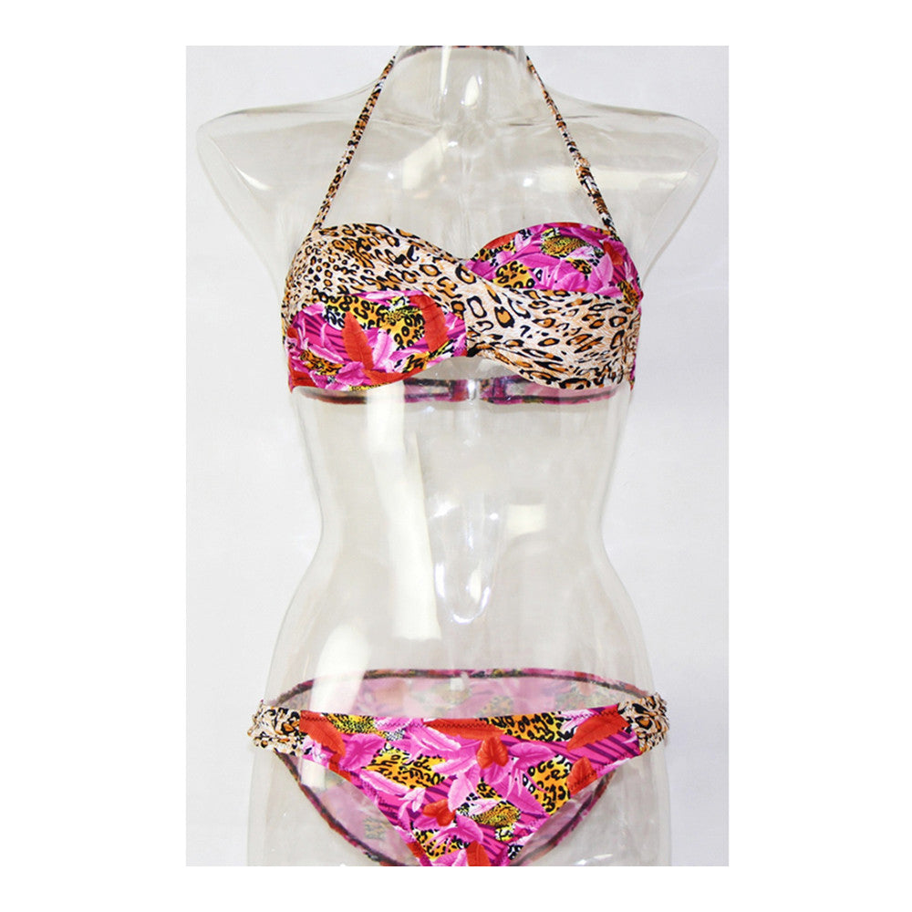 Bikini Swimwear Printing Swimsuit   red flower+leopard print  S - Mega Save Wholesale & Retail
