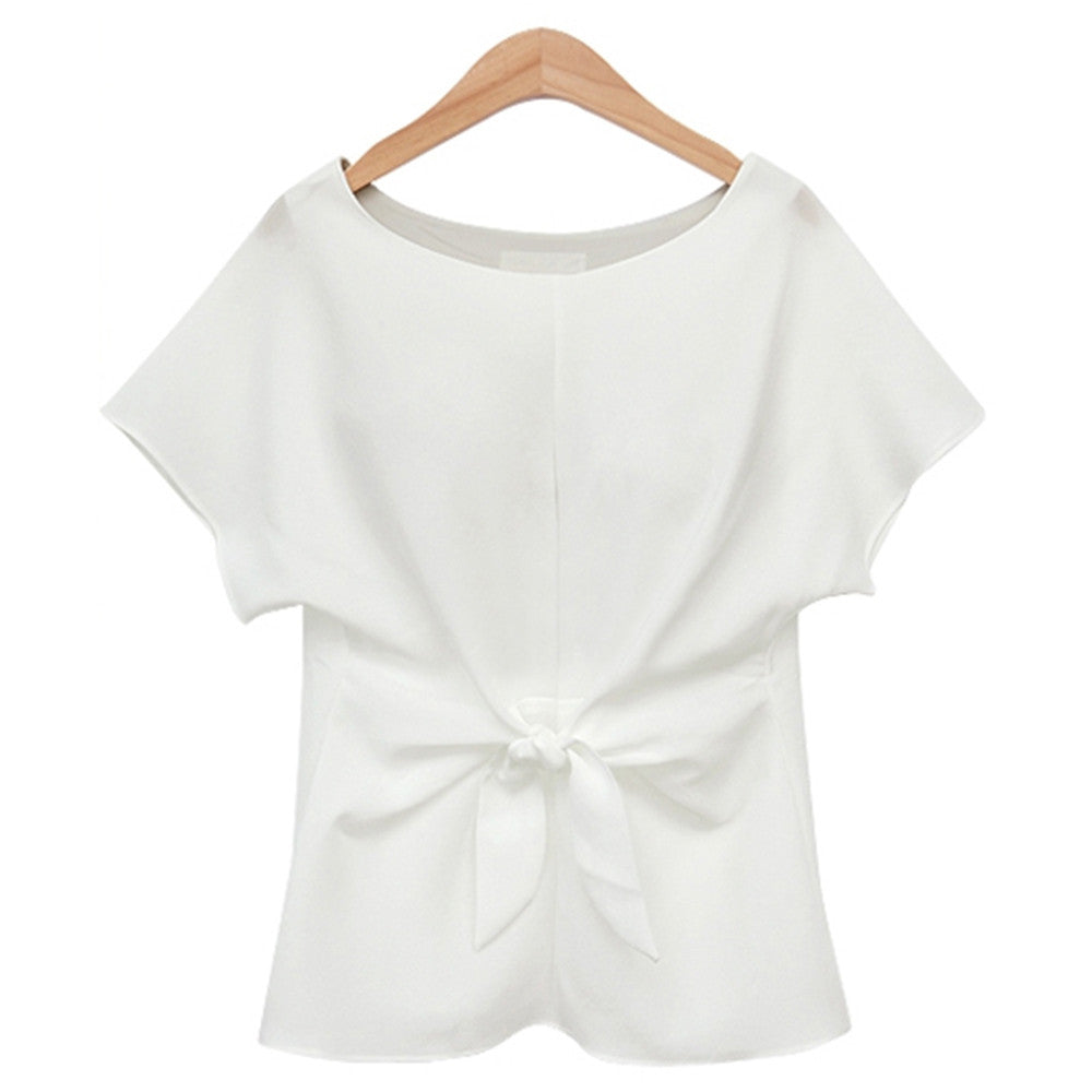 Chiffon T-shirt Bowknot Lace-up   white   S - Mega Save Wholesale & Retail