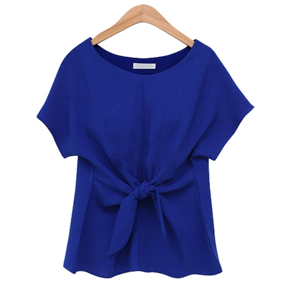Chiffon T-shirt Bowknot Lace-up   blue    S - Mega Save Wholesale & Retail