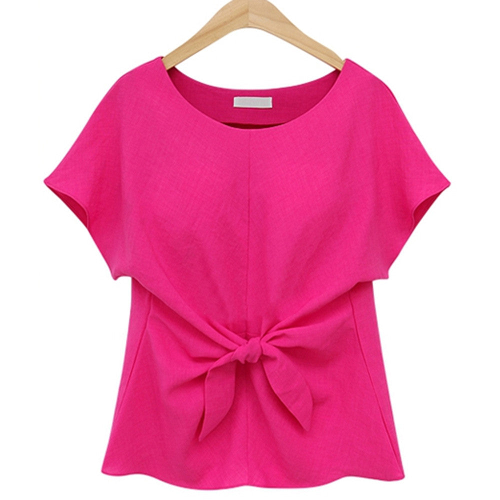 Chiffon T-shirt Bowknot Lace-up   rose red    S - Mega Save Wholesale & Retail