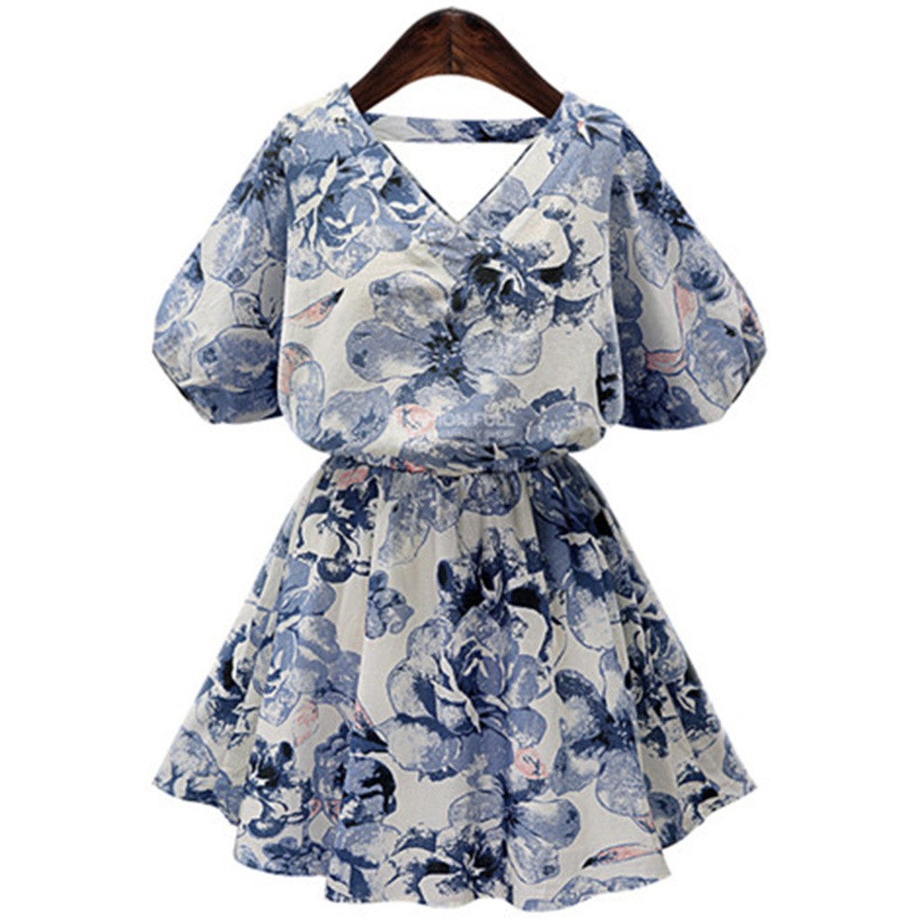 Plus Size Pirnting Middle Long Dress  blue    XL - Mega Save Wholesale & Retail