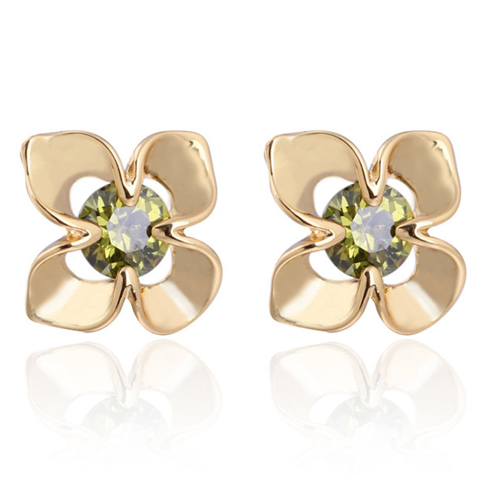 Flower 18K Gold Galvanized Austrian Zircon Ear Studs    green - Mega Save Wholesale & Retail - 1