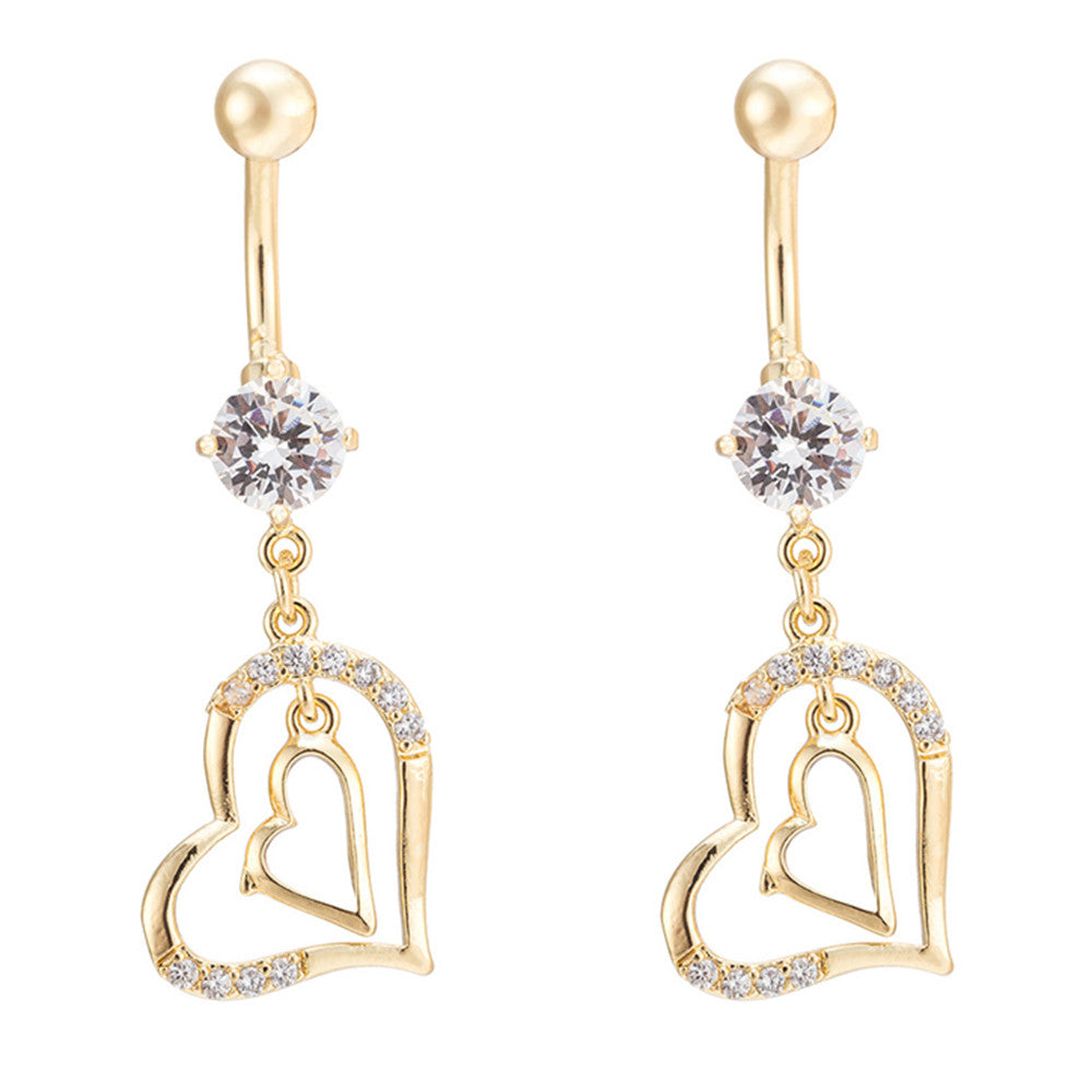 Diamante Double Love Heart Navel Ring Buckle Nail   gold plated white zircon - Mega Save Wholesale & Retail