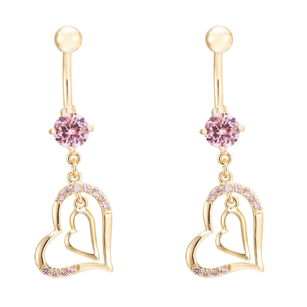 Diamante Double Love Heart Navel Ring Buckle Nail   gold plated pink zircon - Mega Save Wholesale & Retail