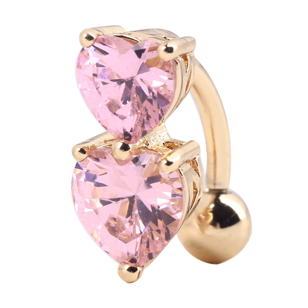 Puncture Ornament Double Love Heart Zircon Navel Ring   gold plated pink zircon - Mega Save Wholesale & Retail