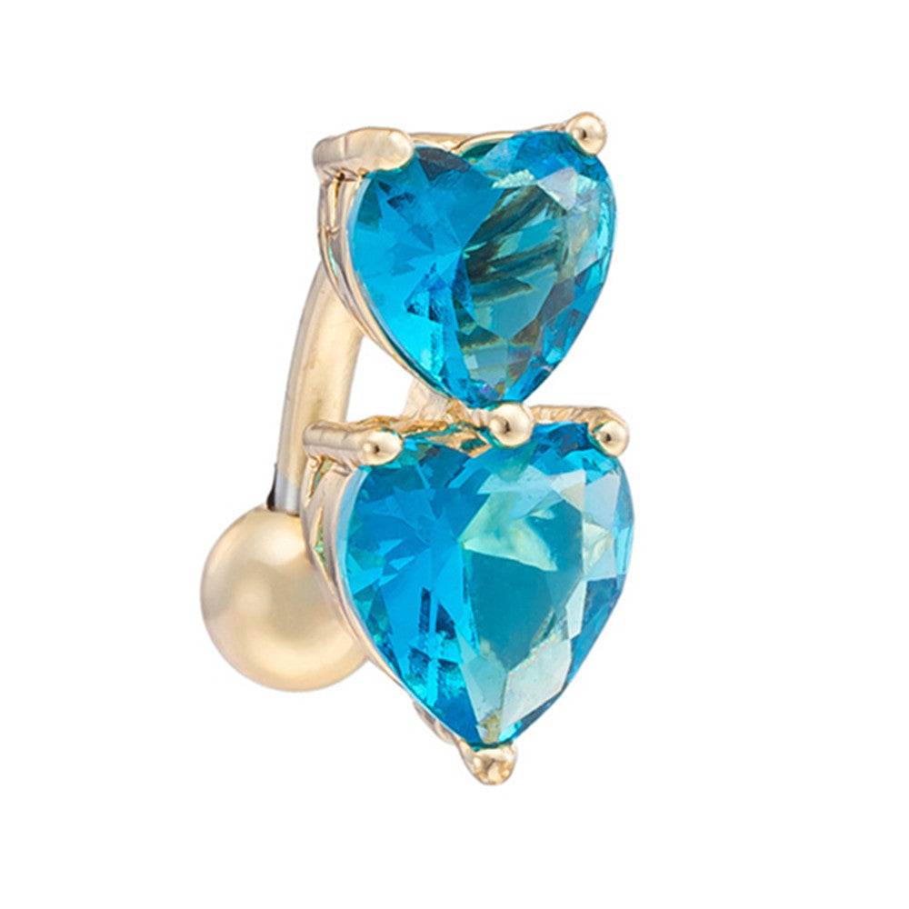 Puncture Ornament Double Love Heart Zircon Navel Ring   gold plated blue zircon