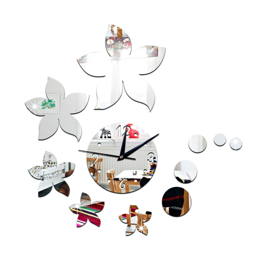 Living Room Wall Clock Creative Bauhinia Mirror Sticking   silver - Mega Save Wholesale & Retail