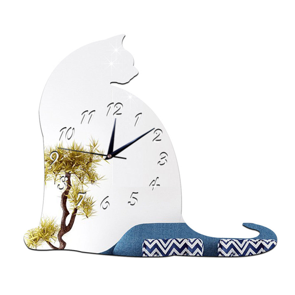 Big Fat Cat Mirror Sticking Wall Clock Decoration   silver - Mega Save Wholesale & Retail
