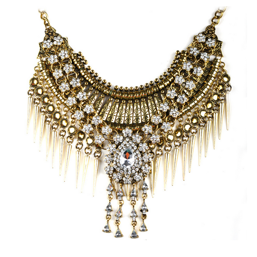 European Exaggerated Big Brand Foreign Trade Necklace Vintage Zircon Flower Tassel Two-layer Necklace Woman   old golden white zircon - Mega Save Wholesale & Retail