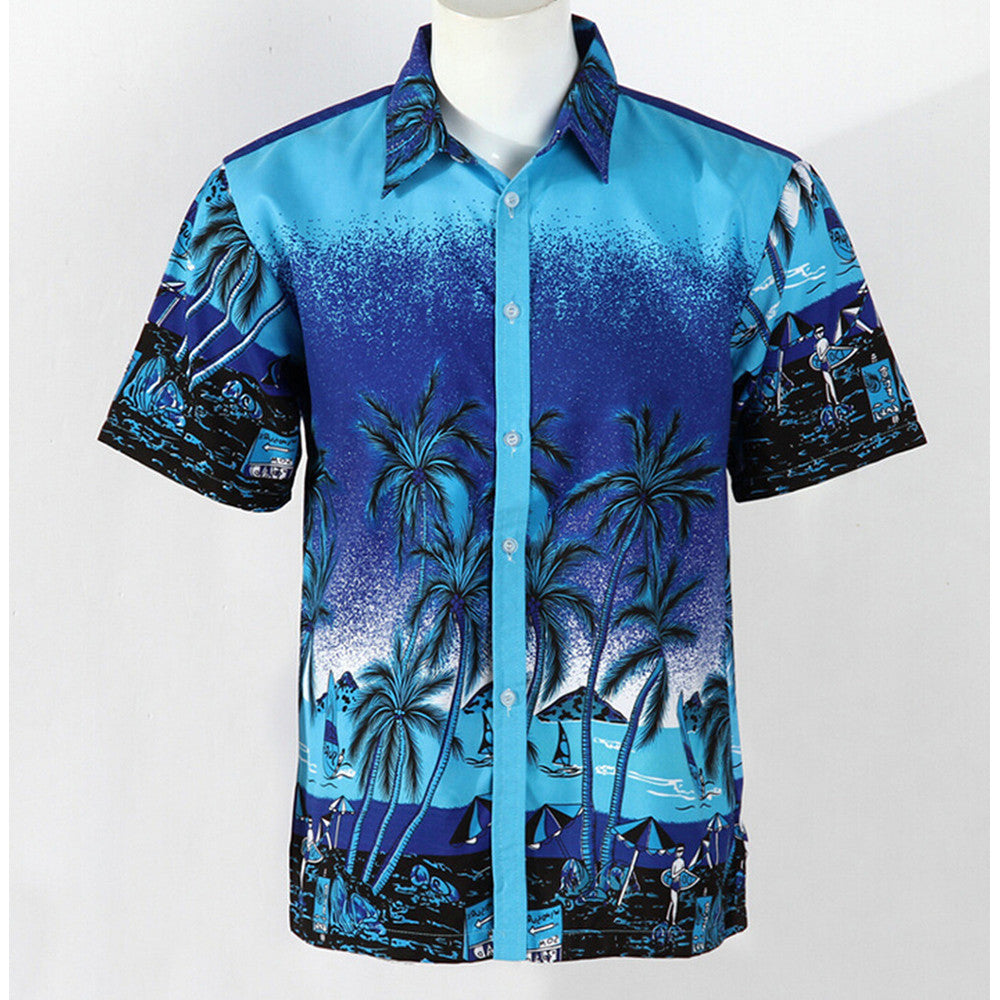 Hot Men Aloha Shirt Hawaiian Cruise Tropical Luau Beach Hawaiian Party Palm Gradient blue L normal version - Mega Save Wholesale & Retail - 1