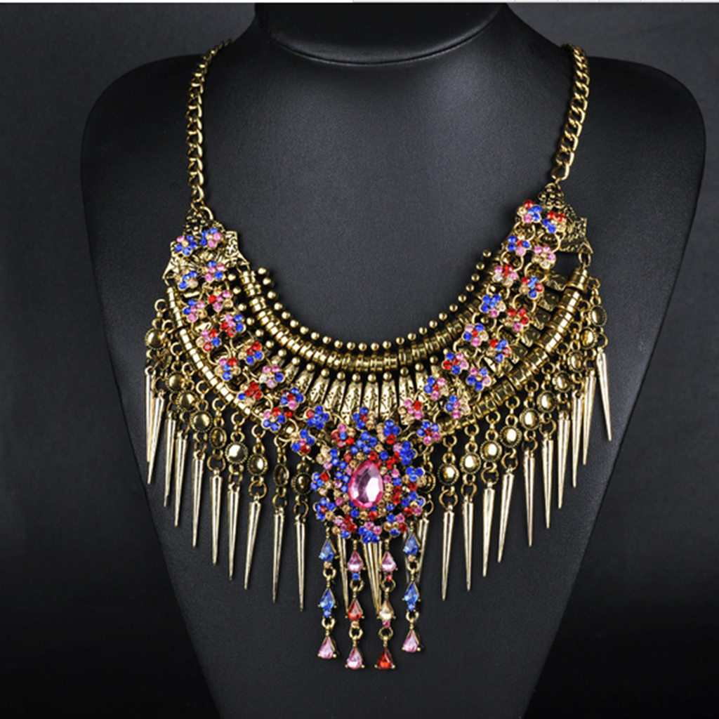 European Exaggerated Big Brand Foreign Trade Necklace Vintage Zircon Flower Tassel Two-layer Necklace Woman   old golden colorful zircon - Mega Save Wholesale & Retail