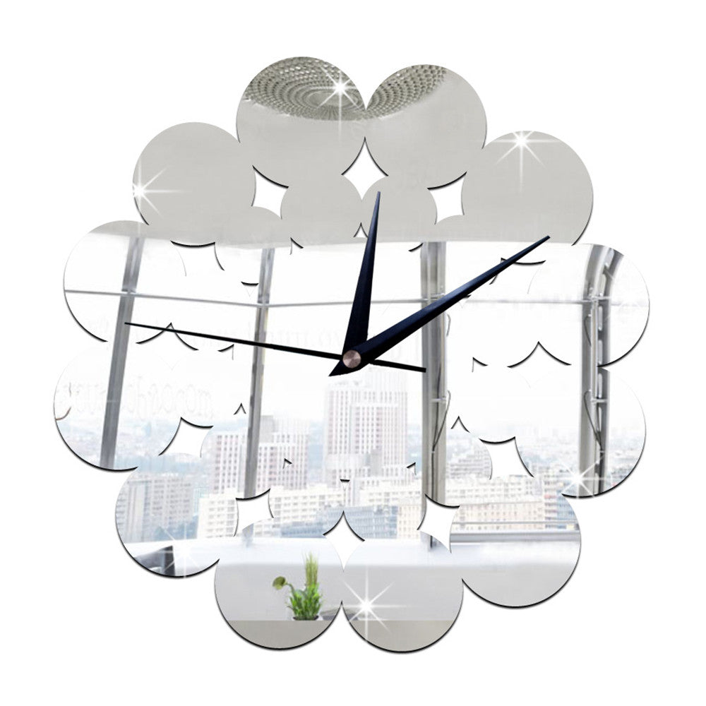 Living Room Decoration Silent Paper-cut Flower Mirror Wall Clock   silver - Mega Save Wholesale & Retail