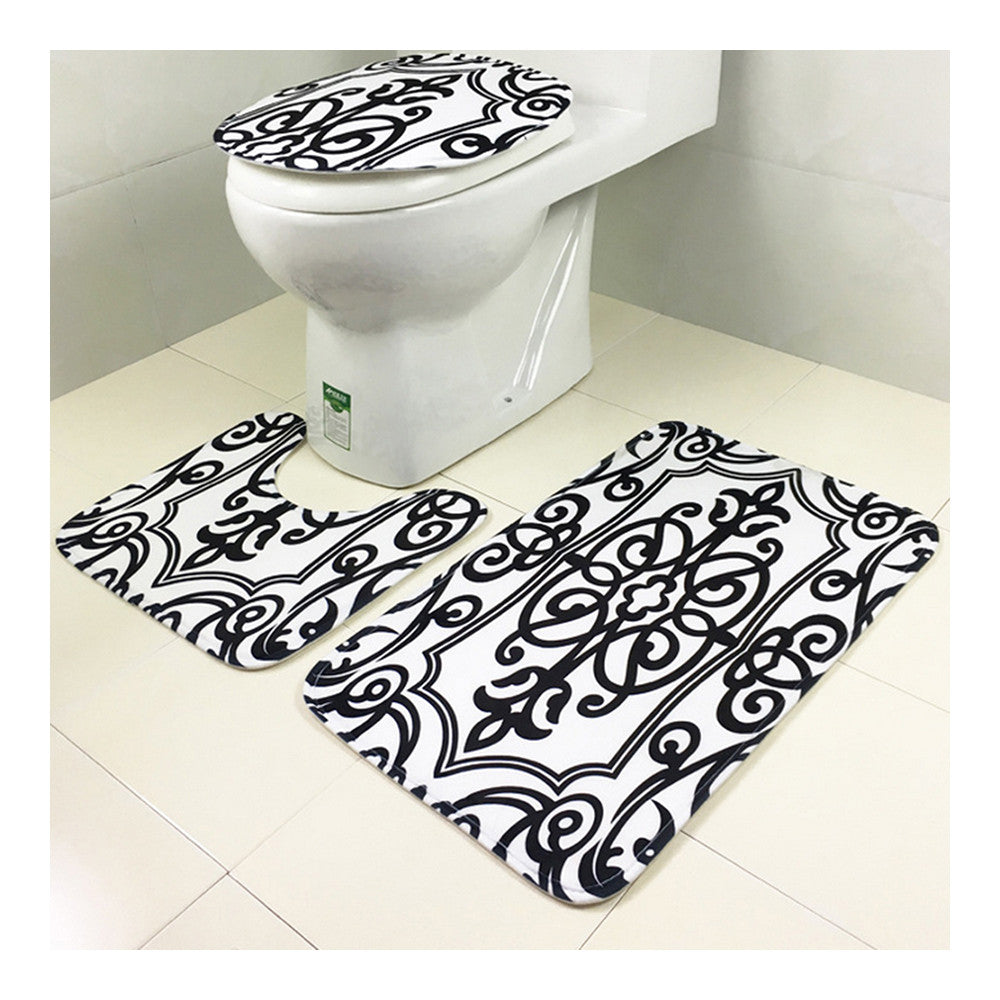 Carpet 3pcs Set Toilet Seat Anti-skidding Ground Mat white gemometry - Mega Save Wholesale & Retail