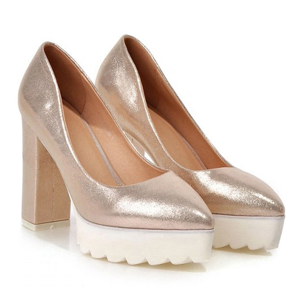 Thick Sole High Heel Thin Shoes Pointed Casual  golden - Mega Save Wholesale & Retail - 1